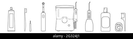 Kit d'entretien des dents. Illustration vectorielle. 9 objets : dentifrice, brosse à dents, irrigateur de nettoyage des dents, soie dentaire, bain de bouche et autres. Illustration de Vecteur