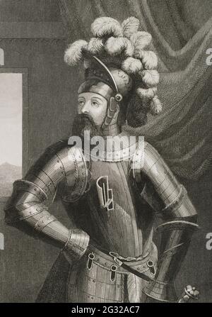 Wilfred I le Hairy (840- 897). Comte de Barcelone, Cerdanya, Urgell, Gérone et Besalú. Portrait. Gravure par Antonio Roca. Las Glorias Nacionales, 1853. Banque D'Images