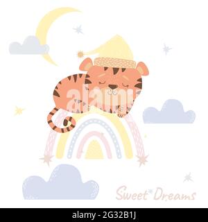 Sweet Dreams - animal endormi. Un joli tigre dort sur un arc-en-ciel et un fond de lune avec des nuages. Illustration vectorielle. Concept d'animal de bébé pour Illustration de Vecteur