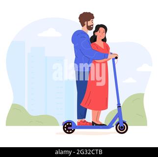 Un couple se déplace ensemble sur un scooter électrique de marche. Illustration de Vecteur