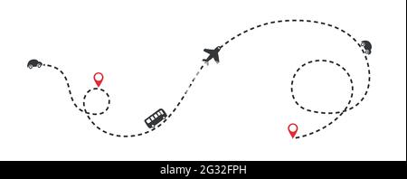 Carte du monde avec ligne de tracé en pointillés et avions volant, conduite en bus. Concept de voyage. Vecteur Illustration de Vecteur