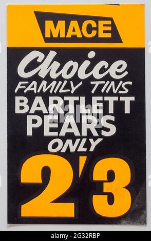 Vinatge années 1960 Boutique Publicité carte d'affichage de prix - Bartlett Pears Banque D'Images