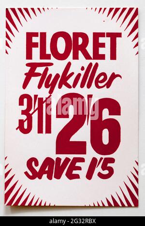 Vinatge années 1960 Boutique Publicité Prix carte d'affichage - Floret Fly Killer Banque D'Images