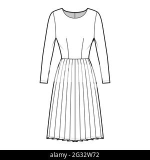 Robe plissée technique mode illustration avec manches longues, corps ajusté, jupe longueur genou. Vêtements plats sur le devant, coloris blanc. Femmes, hommes unisex CAD maquette Illustration de Vecteur