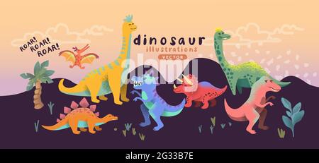 Un dinosaure coloré et heureux illustré de jolis personnages. Illustration vectorielle. Illustration de Vecteur