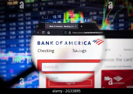 Logo de la société Bank of America sur un site Web présentant des développements flous du marché boursier en arrière-plan, vu sur un écran d'ordinateur Banque D'Images