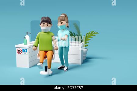 Un patient masculin recevant une vaccination Covid-19 d'une infirmière d'un centre de vaccination. Illustration 3D des personnages médicaux. Banque D'Images