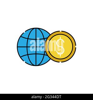 Pièce de monnaie avec motif vectoriel Globe Icon. Globe with Dollar coin Icon design concept pour le site Web d'investissement bancaire, financier, monétaire et commercial, Illustration de Vecteur