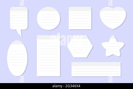 Autocollants doublés pour l'ensemble de notes. Modèle de papier blanc avec lignes pour le bloc-notes et la planification. Note de service pour la planification. Des rappels de formes différentes comme l'ellipse, le cœur, le rond, l'étoile, le carré. Illustration vectorielle Illustration de Vecteur