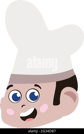 Visage du chef. Mignon et adorable enfant habillé comme chef. Joli visage avec des expressions innocentes et chapeau de chef à l'air heureux. Visage souriant. Bonne humeur. Visage de garçon. Illustration de Vecteur