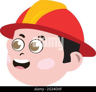 Joli visage d'enfant. Mignon et adorable enfant blanc habillé comme pompier. Joli visage avec Red Fire Fighter Hard Hat. Visage souriant. Bonne humeur. Illustration de Vecteur