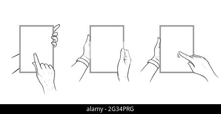 Mains tenant la tablette avec les gestes de l'écran tactile. Jeu de comprimés verticaux dans les mains d'un humain. Illustration vectorielle d'esquisse isolée sur fond blanc Illustration de Vecteur