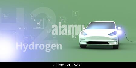 Chargement du véhicule à hydrogène. Illustration 3d du concept de voiture à charge éco-énergétique. Banque D'Images