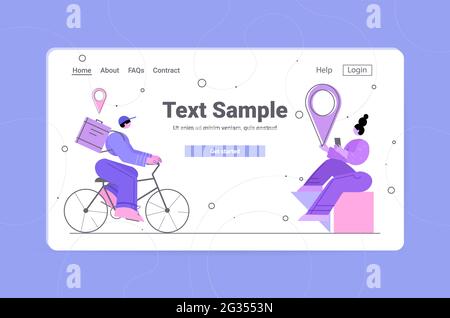 coursier sur vélo livrant de la nourriture ou des colis à la femme client en ligne de service de livraison concept horizontal Illustration de Vecteur