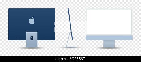 Vinnytsia, Ukraine - June 10, 2021: Newly released iMac 2021 blue color. Front, side and back view. Realistic vector mockup isolated on transparent ba Illustration de Vecteur