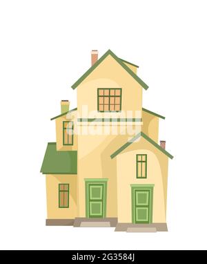 La maison est simple dessin animé. Petite demeure rustique confortable dans un style européen traditionnel. Maison jaune mignonne. Isolé sur fond blanc. Vecteur Illustration de Vecteur