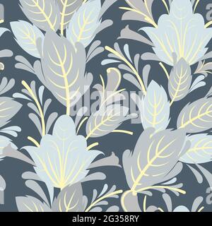 Motif argenté sans coutures. Décoration fraîche. Entrelacement de branches et de fleurs. Illustration d'arrière-plan. Élégant et tendance. Plat mignon Illustration de Vecteur