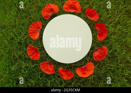 Une feuille de papier blanche au centre d'un cercle de pétales de pavot se trouve sur l'herbe. Copier l'espace pour la conception. Banque D'Images