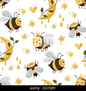 Miel mignon abeille insecte été sans couture motif arrière-plan. Dessin animé de la nature de la mouche de bébé avec la lune et les étoiles. Illustration vectorielle, doux motif textile. Illustration de Vecteur