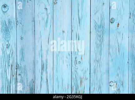 Texture de panneaux de bois d'époque avec peinture craquelée de couleur cyan et bleue. Arrière-plan rétro horizontal avec anciennes planches en bois Banque D'Images