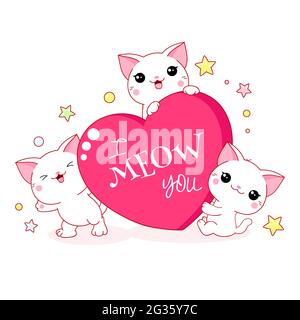 Jolie carte de Saint-Valentin style kawaii. Trois chats adorables avec un grand coeur rose. Inscription Je vous méprends. Peut être utilisé pour l'impression de t-shirt, les autocollants, le message d'accueil Illustration de Vecteur