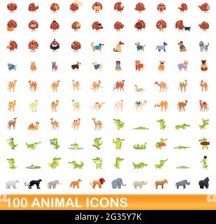 100 icônes d'animaux fixés. Cartoon illustration de 100 icônes animales vector set isolé sur fond blanc Illustration de Vecteur