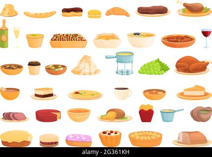 Icônes de cuisine française. Ensemble de dessins animés représentant des icônes vectorielles de la cuisine française pour la conception de sites Web Illustration de Vecteur