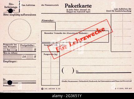 Courrier, formulaire, poste fédérale allemande, carte d'enregistrement de colis, 1953, INFO-AUTORISATION-DROITS-SUPPLÉMENTAIRES-NON-DISPONIBLE Banque D'Images