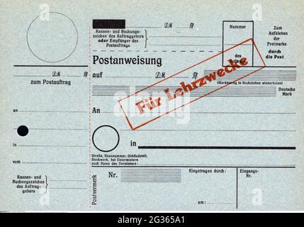 Courrier, formulaire, poste fédérale allemande, mandat postal, à des fins de formation, 1953, DROITS-SUPPLÉMENTAIRES-AUTORISATION-INFO-NON-DISPONIBLE Banque D'Images