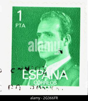 Courrier, timbres-poste, Espagne, 1 timbre-poste peseta, portrait du roi Juan Carlos I, 1976, DROITS-SUPPLÉMENTAIRES-AUTORISATION-INFO-NON-DISPONIBLE Banque D'Images