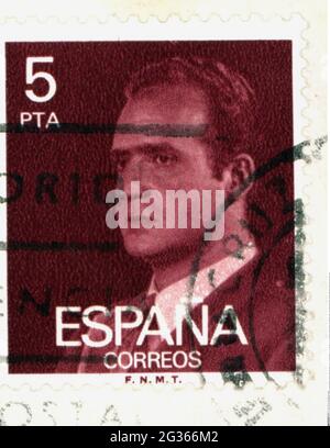 Courrier, timbres-poste, Espagne, timbre-poste peseta 5, portrait du roi Juan Carlos I, 1976, DROITS-SUPPLÉMENTAIRES-AUTORISATION-INFO-NON-DISPONIBLE Banque D'Images