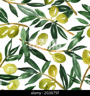 Branches d'olive. Motif aquarelle sans couture Banque D'Images