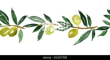 Branches d'olive aquarelle. Motif de bordure horizontale sans couture Banque D'Images