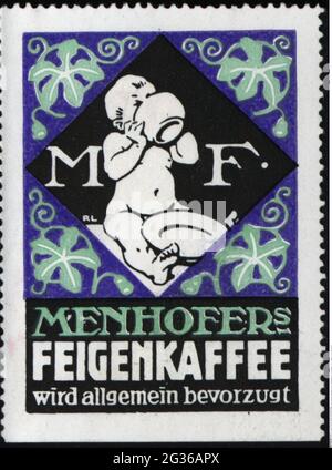 Publicité, timbres-affiches, boissons, café, « Senhofer's » Feigenkaffee, VERS 1910, INFO-AUTORISATION-DROITS-SUPPLÉMENTAIRES-NON-DISPONIBLE Banque D'Images