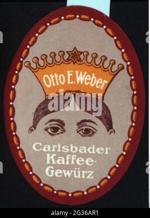 Publicité, timbres-affiches, boissons, café, épice de café Carlsbad, 'Otto E. Weber', vers 1910, INFO-DROITS-AUTORISATIONS-SUPPLÉMENTAIRES-NON-DISPONIBLES Banque D'Images