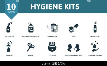 Jeu d'icônes kits d'hygiène. Contient des icônes modifiables thème d'hygiène personnelle comme pulvérisateur, purificateur d'air, gel douche et plus encore. Illustration de Vecteur