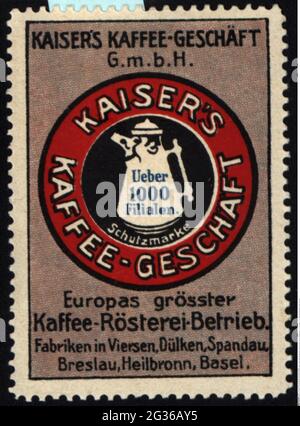 Publicité, timbres-affiches, boissons, café, « Kaiser's Kaffee-Geschaeft GmbH », VIERSEN, VERS 1910, INFO-DROITS-AUTORISATION-SUPPLÉMENTAIRES-NON-DISPONIBLES Banque D'Images