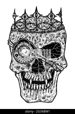 Illustration noire et blanche effrayante du crâne vectoriel du roi portant la couronne. Dessin isolé mystique pour Halloween avec concept ésotérique, gothique, occulte Illustration de Vecteur