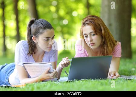 Deux étudiants en e-learning comparant des notes en ligne avec un ordinateur portable dans un parc ou un campus Banque D'Images