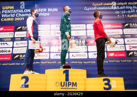 Championnats du monde de Pentathlon moderne, 2021, le Caire, Égypte, finale masculine. Le gagnant Adam Marosi de Hongrie. (CTK photo/Filip Komorous) Banque D'Images