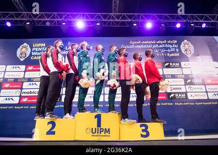 Championnats du monde de Pentathlon moderne, 2021, le Caire, Égypte, finale masculine. Podium. (CTK photo/Filip Komorous) Banque D'Images