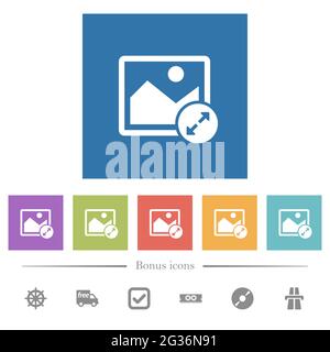 Redimensionner l'image grandes icônes blanches plates sur fond carré. 6 icônes bonus incluses. Illustration de Vecteur