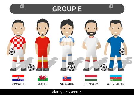 Tournoi européen de coupe de football 2020 et 2021 . Groupe E . Joueur de football avec uniforme de maillot et drapeau national . Caractères de dessin animé Illustration de Vecteur