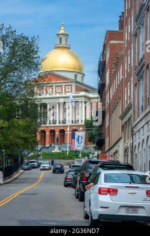 Massachusetts State House le siège du gouvernement, avec dôme doré et colonnes dans la ville de Boston, Etats-Unis. Le Massachusetts State House, également connu Banque D'Images