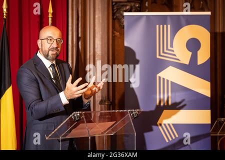 Le président du Conseil européen Charles Michel est photographié à l'occasion de la célébration de 175 ans des partis libéraux belges Open VLD et MR, au Bru Banque D'Images
