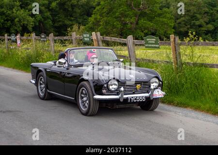 Années 1964 60, Triumph TR4 noir 2138cc voiture de sport cabriolet cabriolet, voyageant au salon des voitures classiques et vintage à Heskin Hall, Lancashire, Royaume-Uni Banque D'Images