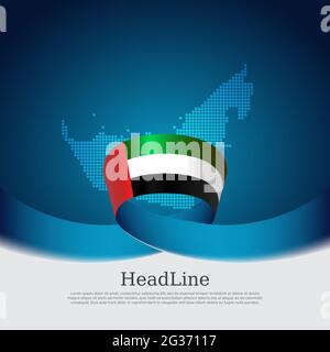 Drapeau des émirats arabes Unis avec ruban ondulé sur fond bleu blanc. Arrière-plan avec drapeau des eau, carte en mosaïque. Affiche nationale des Émirats arabes Unis. Design vectoriel Illustration de Vecteur