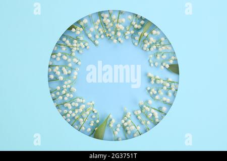 Composition avec fleurs blanches. Composition de lys de la vallée dans un cercle sur fond bleu clair. Flat lay, vue de dessus. Banque D'Images