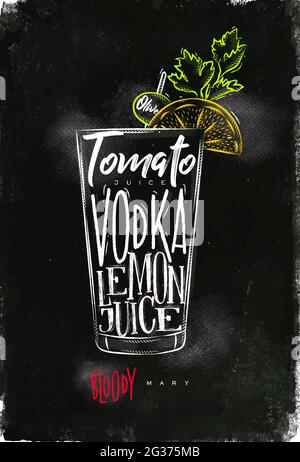 Cocktail Bloody mary avec inscription tomate, vodka, jus de citron, olive de style graphique vintage, craie et couleur sur fond de tableau noir Illustration de Vecteur