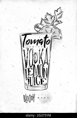 Cocktail Bloody mary lettering tomate, vodka, jus de citron, olive dans un style graphique vintage dessinant sur fond de papier sale Illustration de Vecteur